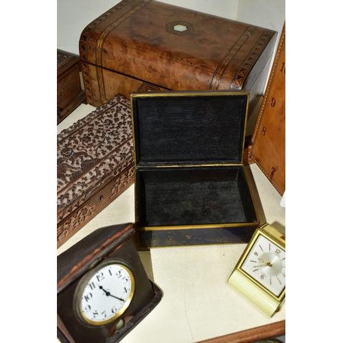 360 - A GROUP OF CLOCKS AND VARIOUS BOXES, to include a Le-Coultre 8-day travel alarm clock in cream ename... 