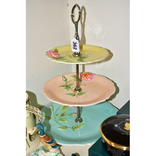 362 - A GROUP OF CERAMICS AND GLASSWARES, to include a Royal Winton three tier cake stand in pastel colour... 