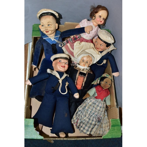 372 - ONE BOX OF VINTAGE FABRIC SAILOR DOLLS AND THREE TRADITIONAL FOLK DOLLS, to include a Norah Wellings... 