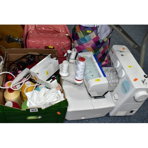 374 - A QUANTITY OF SEWING, KNITTING AND CRAFT TOOLS, comprising a Janome 216-S sewing machine complete wi... 