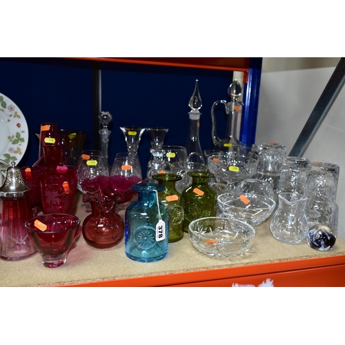 378 - A COLLECTION OF COLOURED AND CLEAR GLASSWARE, including a pair of carafe and glass sets engraved wit... 