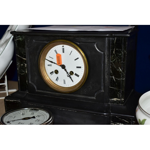 380 - A LATE VICTORIAN BLACK SLATE MANTEL CLOCK, THREE BRASS SPRING BALANCE SCALES, ETC, the mantel clock ... 