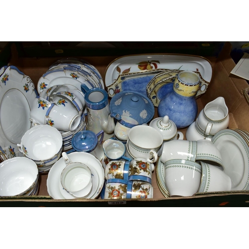 382 - TWO BOXES AND LOOSE CERAMICS AND GLASSWARE, including a boxed set of four Royal Worcester for Past T... 