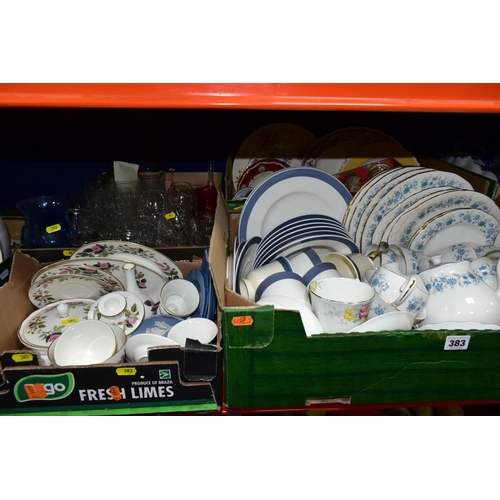 383 - FOUR BOXES OF CERAMICS AND GLASSWARE, including Wedgwood 'Hathaway Rose' pattern tea and giftware, a... 