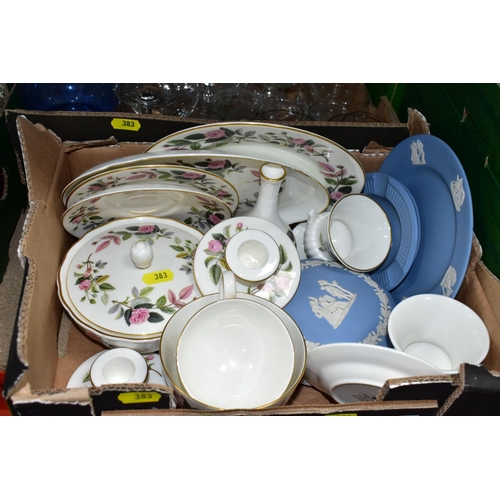 383 - FOUR BOXES OF CERAMICS AND GLASSWARE, including Wedgwood 'Hathaway Rose' pattern tea and giftware, a... 