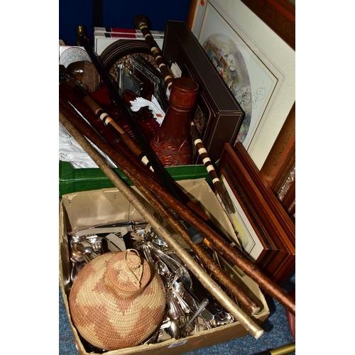 385 - TWO BOXES AND LOOSE FRAMED PRINTS, SILVER PLATED CUTLERY, WALKING STICKS, HOUSEHOLD SUNDRIES, ETC, i... 