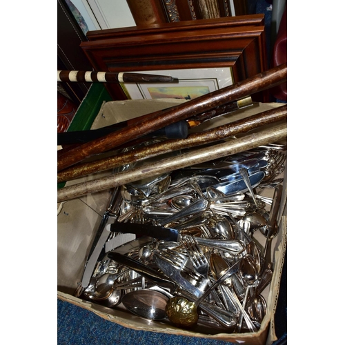 385 - TWO BOXES AND LOOSE FRAMED PRINTS, SILVER PLATED CUTLERY, WALKING STICKS, HOUSEHOLD SUNDRIES, ETC, i... 