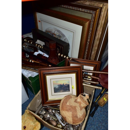 385 - TWO BOXES AND LOOSE FRAMED PRINTS, SILVER PLATED CUTLERY, WALKING STICKS, HOUSEHOLD SUNDRIES, ETC, i... 