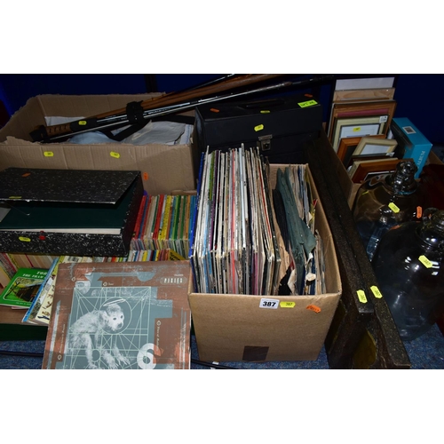 387 - FOUR BOXES AND LOOSE CHILDREN'S BOOKS, RECORDS, PHOTOGRAPH FRAMES, TWO GLASS DEMI JOHNS, BRASS WALL ... 