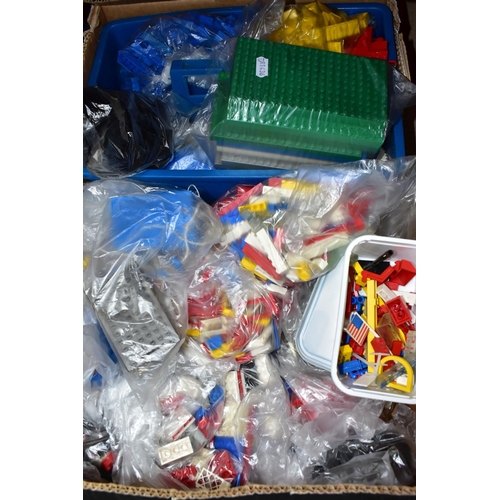 393 - A BOX OF VINTAGE LEGO AND RELATED BOOKLETS AND INSTRUCTION SHEETS, includes cogs, wheels, rubber tra... 