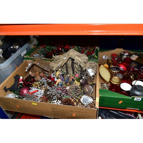 394 - FOUR BOXES AND LOOSE CHRISTMAS DECORATIONS, WHITE PAINTED DECORATIVE TREE, ETC, including tea light ... 