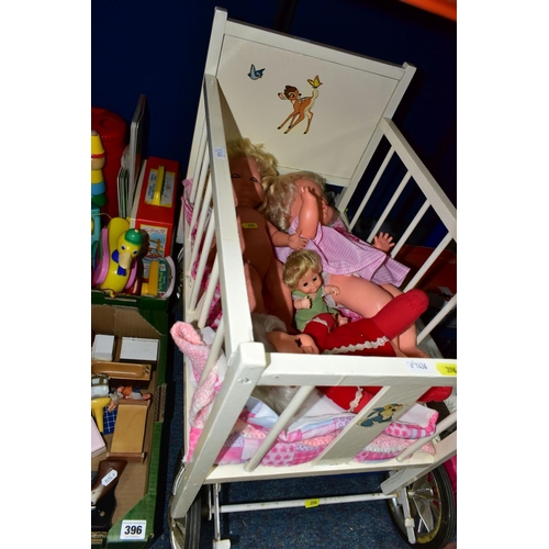 396 - THREE BOXES AND LOOSE CHILDRENS TOYS AND GAMES, ETC, including a white painted dolls cot with Disney... 