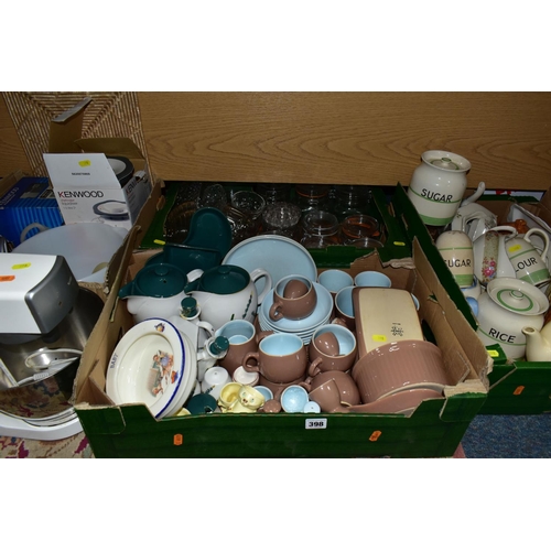 398 - THREE BOXES OF CERAMICS AND GLASSWARE TOGETHER WITH A KENWOOD CHEF CLASSIC, to include attachments, ... 