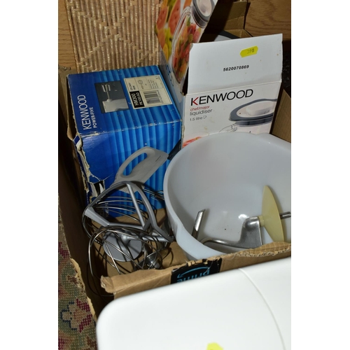 398 - THREE BOXES OF CERAMICS AND GLASSWARE TOGETHER WITH A KENWOOD CHEF CLASSIC, to include attachments, ... 