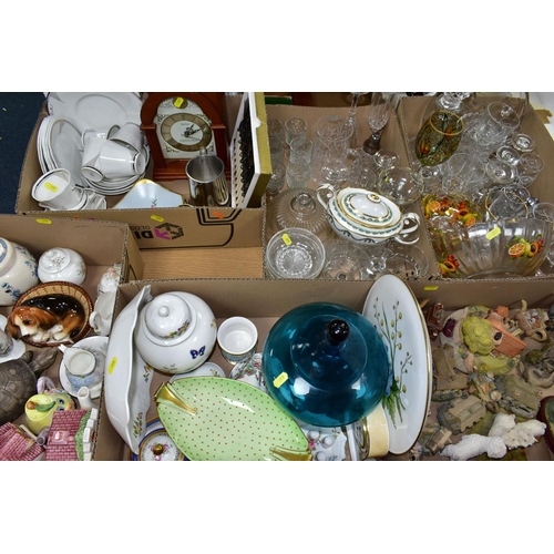 399 - SIX BOXES OF GLASSWARE, CERAMICS AND HOUSEHOLD ORNAMENTS to include Leonardo Collection cottages, Ay... 