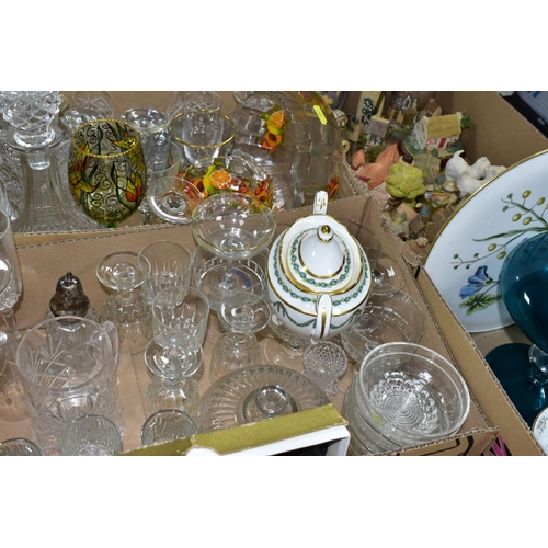 399 - SIX BOXES OF GLASSWARE, CERAMICS AND HOUSEHOLD ORNAMENTS to include Leonardo Collection cottages, Ay... 