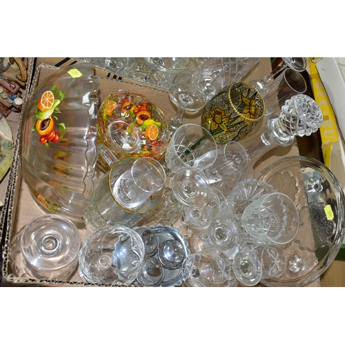 399 - SIX BOXES OF GLASSWARE, CERAMICS AND HOUSEHOLD ORNAMENTS to include Leonardo Collection cottages, Ay... 