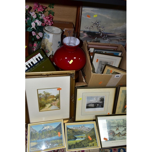 400 - THREE BOXES OF FRAMED PRINTS AND HOUSEHOLD SUNDRIES, to include over twenty small framed prints, a b... 