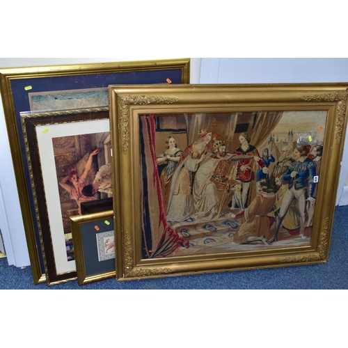 410 - A FRAMED VICTORIAN TAPESTRY AND PRINTS, tapestry depicts a king on his throne remonstrating with two... 