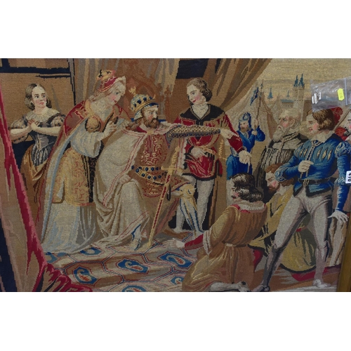 410 - A FRAMED VICTORIAN TAPESTRY AND PRINTS, tapestry depicts a king on his throne remonstrating with two... 