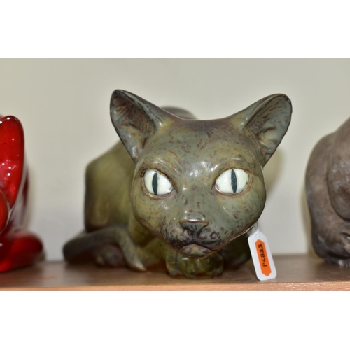 412 - A LARGE LLADRO GRES CAT AND TWO OTHER CAT FIGURES, comprising Lladro Cat no 2001, a recumbent, alert... 