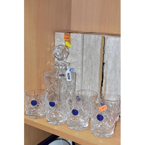 420 - A THOMAS WEBB CRYSTAL SQUARE DECANTER AND SIX WHISKY TUMBLERS, boxed, all with original stickers and... 