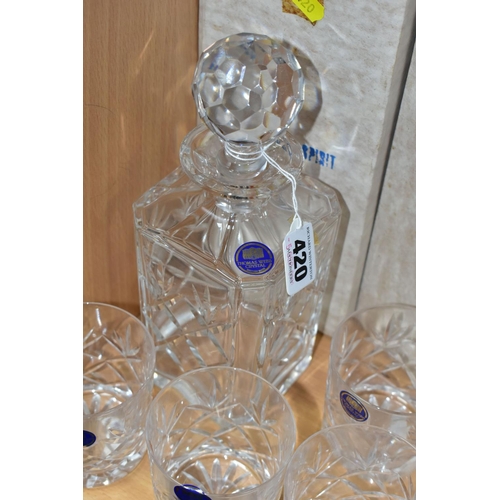 420 - A THOMAS WEBB CRYSTAL SQUARE DECANTER AND SIX WHISKY TUMBLERS, boxed, all with original stickers and... 