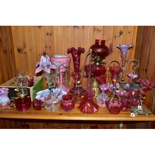 429 - A COLLECTION OF CRANBERRY GLASS, PINK OPALESCENT AND OTHER GLASSWARES, to include an oil lamp with c... 