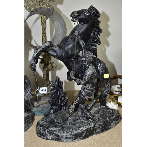 434 - A PAIR OF SPELTER  SCULPTURES TOGETHER WITH A MODERN BRASS SCULPTURE, the cast  'Marly Horses' sculp... 