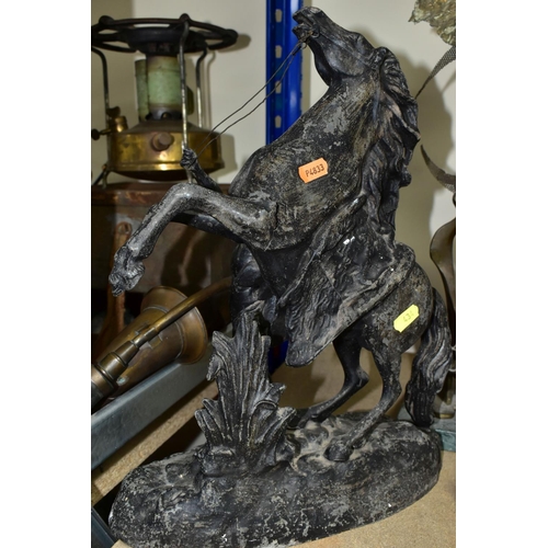 434 - A PAIR OF SPELTER  SCULPTURES TOGETHER WITH A MODERN BRASS SCULPTURE, the cast  'Marly Horses' sculp... 