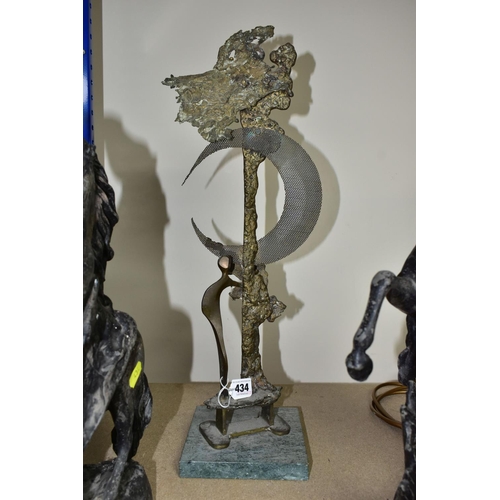 434 - A PAIR OF SPELTER  SCULPTURES TOGETHER WITH A MODERN BRASS SCULPTURE, the cast  'Marly Horses' sculp... 