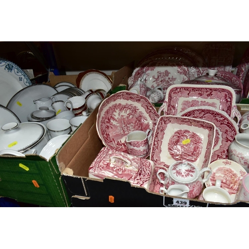 439 - THREE BOXES OF DINNERWARE, to include a Duchess 'Winchester' (red) teapot, four cups, six saucers, s... 