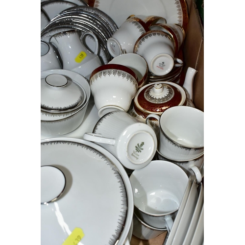 439 - THREE BOXES OF DINNERWARE, to include a Duchess 'Winchester' (red) teapot, four cups, six saucers, s... 