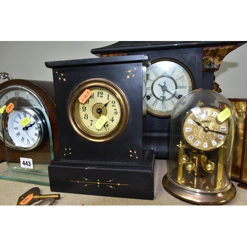 443 - A GROUP OF EIGHT MANTEL CLOCKS,  comprising a  Kieninger & Obergfell glass domed clock made in West ... 