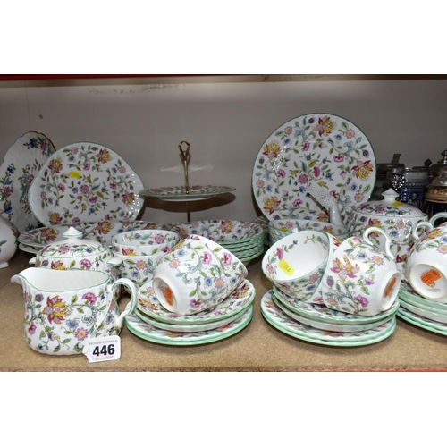 446 - A MINTON 'HADDON HALL' PATTERN TEA AND PART DINNER SET,  comprising six dinner plates (one has a gre... 