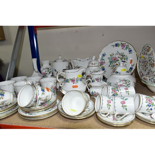 447 - AN AYNSLEY 'PEMBROKE' PATTERN PART TEA AND COFFEE SET WITH TRINKET DISHES, VASES, POTS ETC,  compris... 