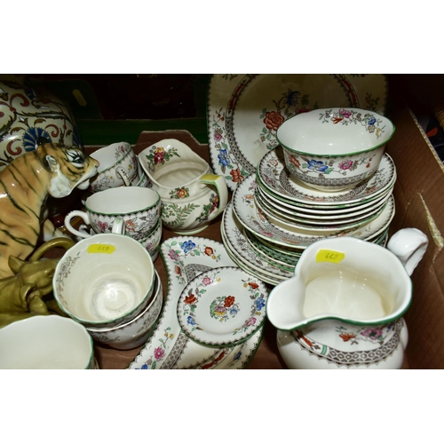 449 - TWO BOXES OF CERAMICS AND METAL WARES, to include a  Spode Copeland ' Chinese Rose' pattern part tea... 