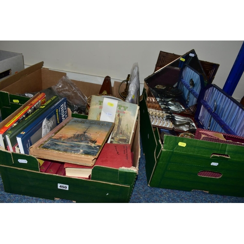 450 - THREE BOXES OF BOOKS, METALWARE AND SUNDRIES, to include a set of twelve Collector's Library classic... 