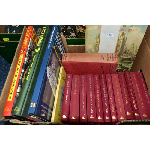 450 - THREE BOXES OF BOOKS, METALWARE AND SUNDRIES, to include a set of twelve Collector's Library classic... 