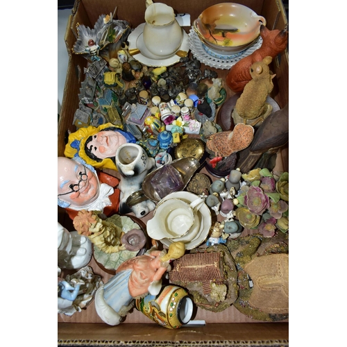 466 - THREE BOXES AND LOOSE CERAMICS AND PICTURES, including two Lilliput Lane cottages, a West German gre... 