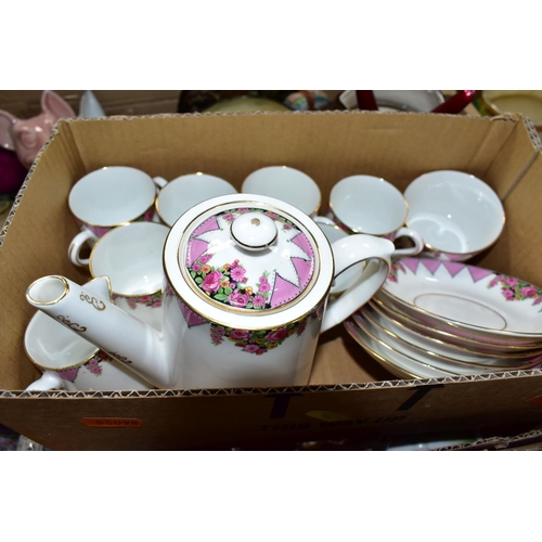 467 - THREE BOXES OF CERAMICS AND SUNDRY ITEMS, to include a 1920s/early 1930s fifteen piece Paragon coffe... 