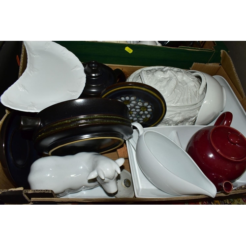 468 - FOUR BOXES OF KITCHEN WARES, to include a Denby Kismet tureen, teapot, jug and trivet, a Portmeirion... 