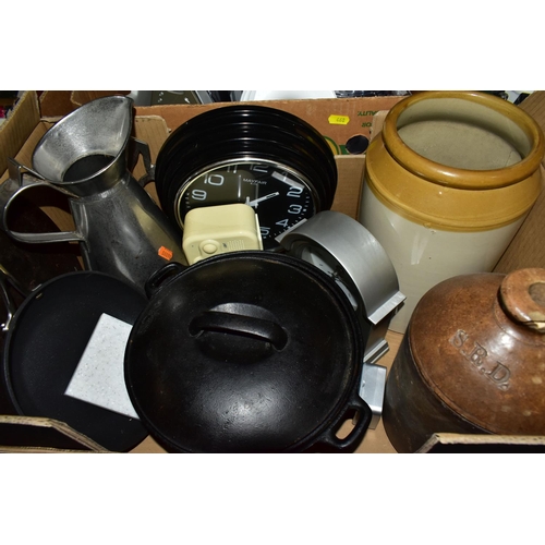 468 - FOUR BOXES OF KITCHEN WARES, to include a Denby Kismet tureen, teapot, jug and trivet, a Portmeirion... 