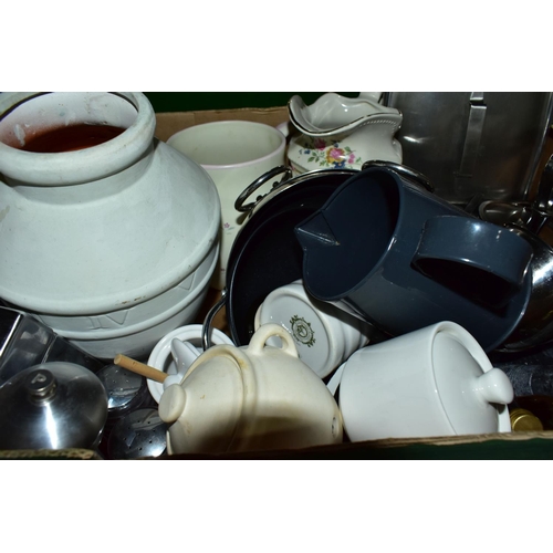 468 - FOUR BOXES OF KITCHEN WARES, to include a Denby Kismet tureen, teapot, jug and trivet, a Portmeirion... 