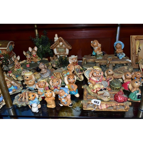 483 - OVER FIFTY PENDELFIN RABBIT AND DOG FIGURES AND NINE DISPLAY STANDS / BUILDINGS, including 'Betsy Ba... 