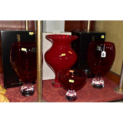 488 - FOUR BOXED ROYAL DOULTON RUBY COLOURED GLASS VASES, including a pair of Julien Macdonald 'Ignite' va... 