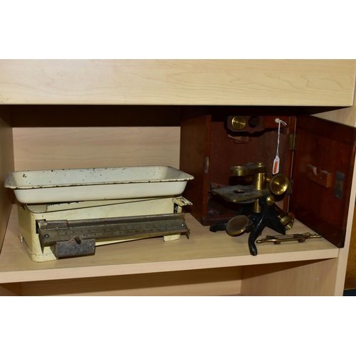 489 - A SMALL COLLECTION OF SCALES, WEIGHTS, MICROSCOPE, ETC, including a mahogany gun cleaning rod, possi... 