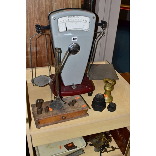 489 - A SMALL COLLECTION OF SCALES, WEIGHTS, MICROSCOPE, ETC, including a mahogany gun cleaning rod, possi... 