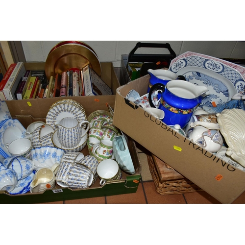 493 - FOUR BOXES OF CERAMICS, GLASSWARES, BOOKS AND SUNDRY ITEMS, to include a Clarice Cliff wall pocket i... 