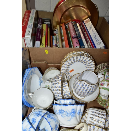 493 - FOUR BOXES OF CERAMICS, GLASSWARES, BOOKS AND SUNDRY ITEMS, to include a Clarice Cliff wall pocket i... 